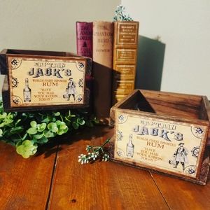 Vintage inspired Captain Jacks mini wooden rum boxes.